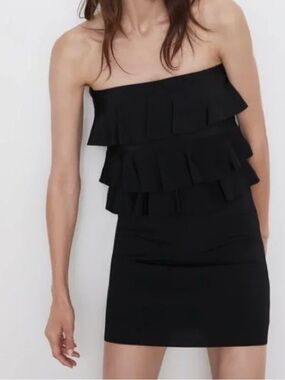 Zara Black Strapless Ruffle Mini Dress